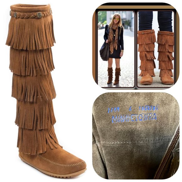 Anthropologie Minnetonka Moccasins 5 Layer Fringe Boot - Picture 3 of 15